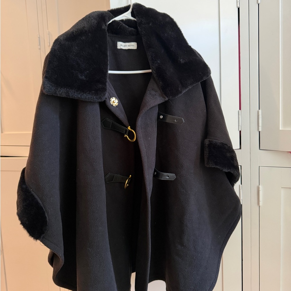 Ellen Tracy Black Cape Coat with Faux Fur Trim